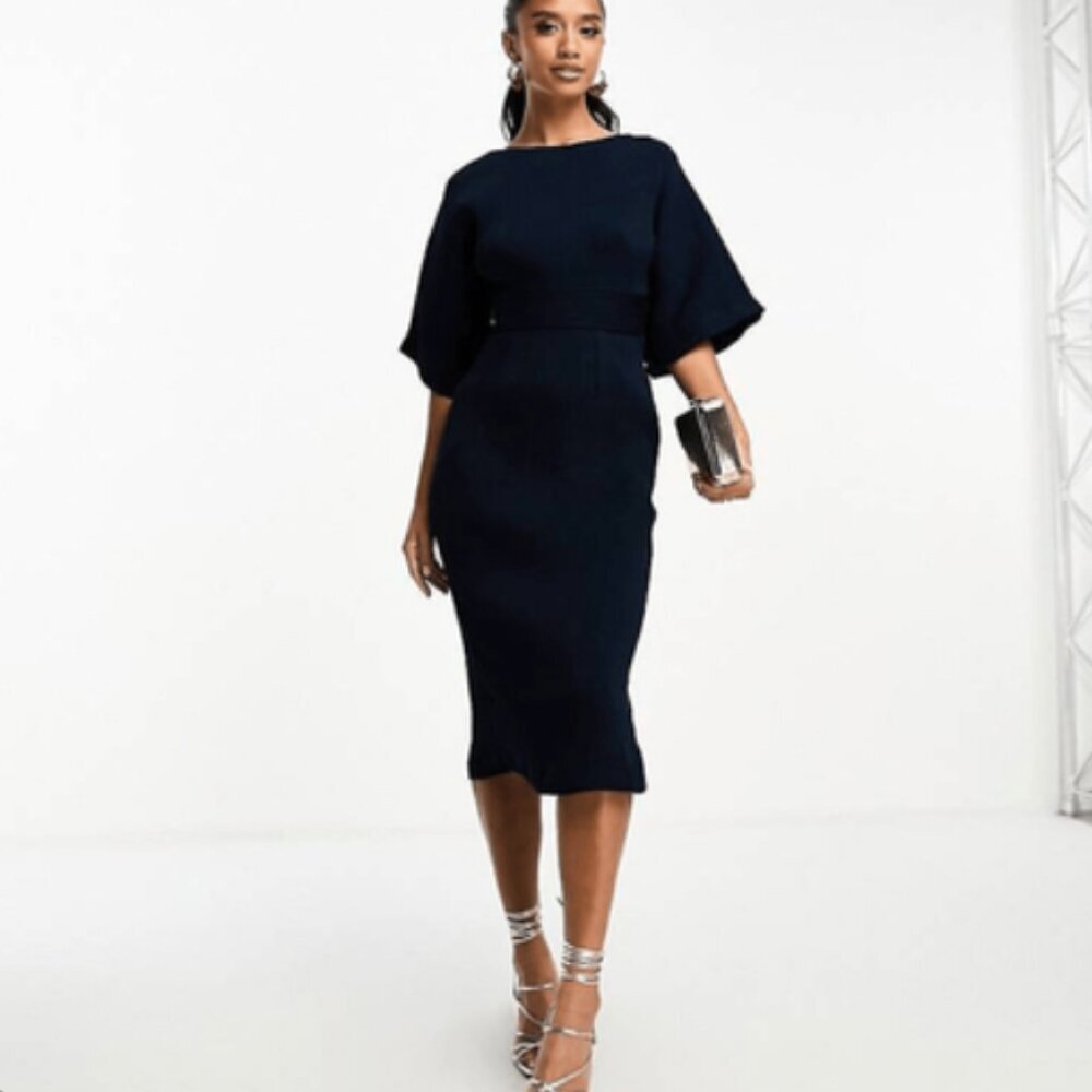 Closet London Navy Blue Ribbed Pencil Dress Size 10 Women's